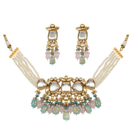 Pearl Beaded Statement Necklace Set with Mirror Stone Accents